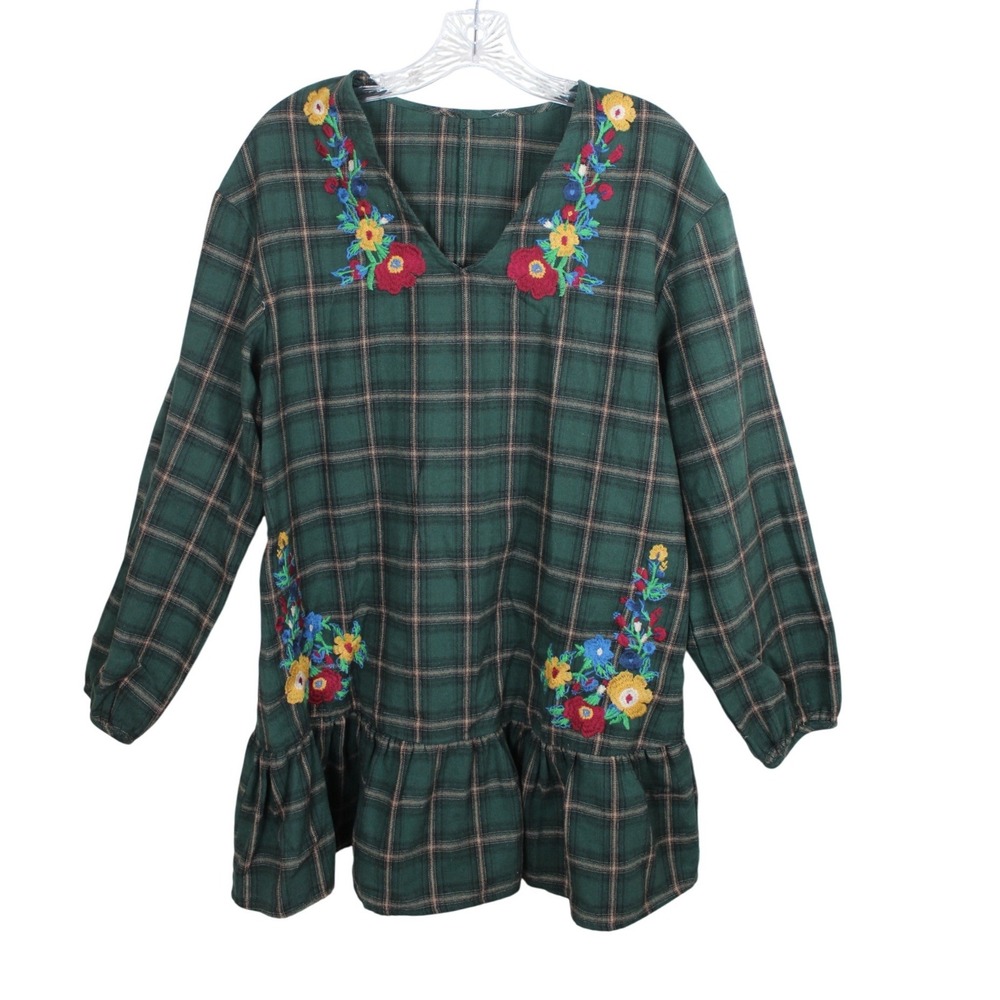 LoveRiche Green Plaid Floral Embroidered Ruffle Hem Tunic Blouse LD42481